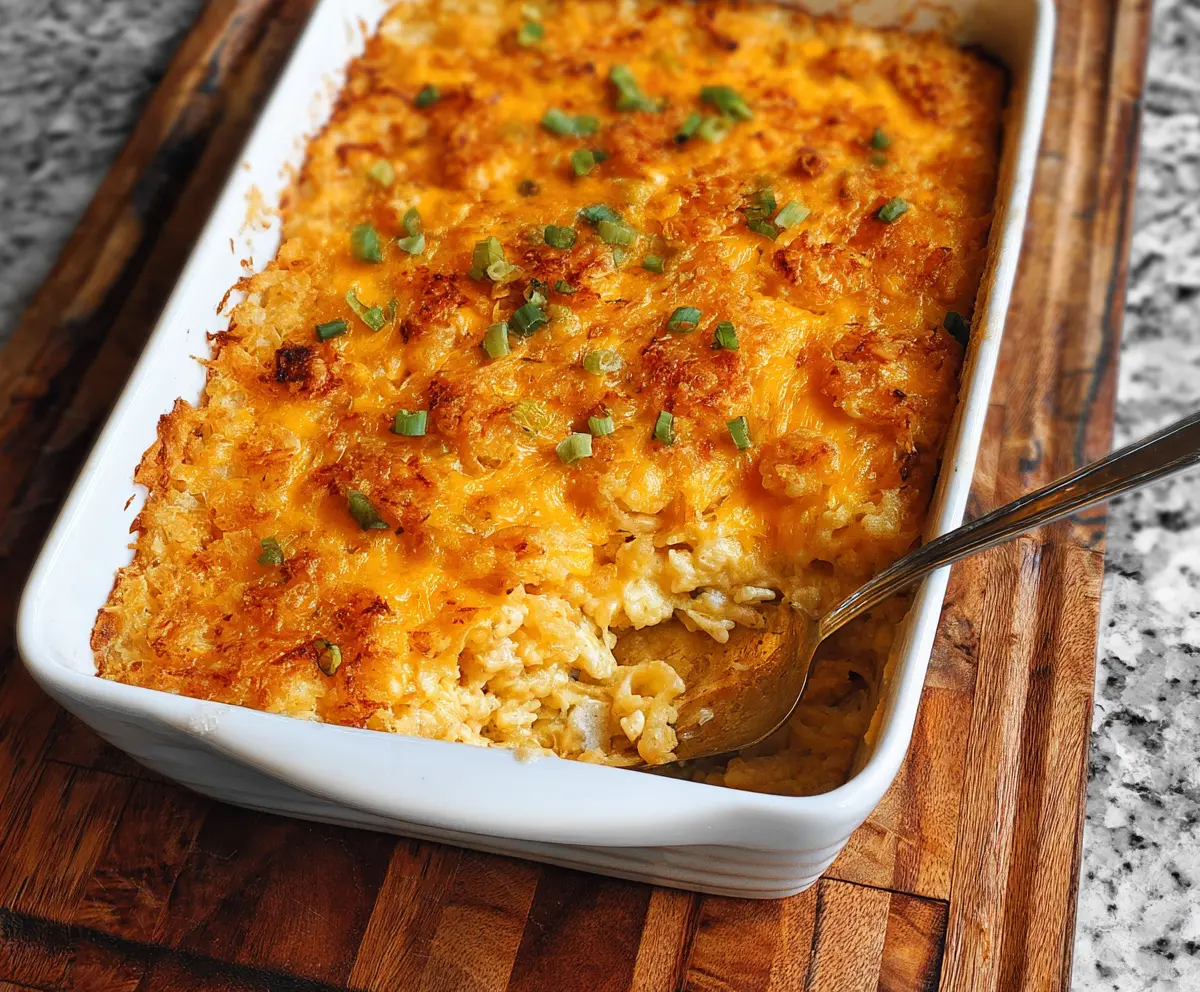 Delicious Cheesy Hashbrown Casserole topped with melted cheese and crispy hashbrowns, perfect for family dinner.