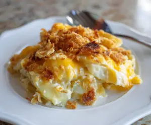 Delicious cheesy potato casserole topped with golden melted cheese and flaky herbs.