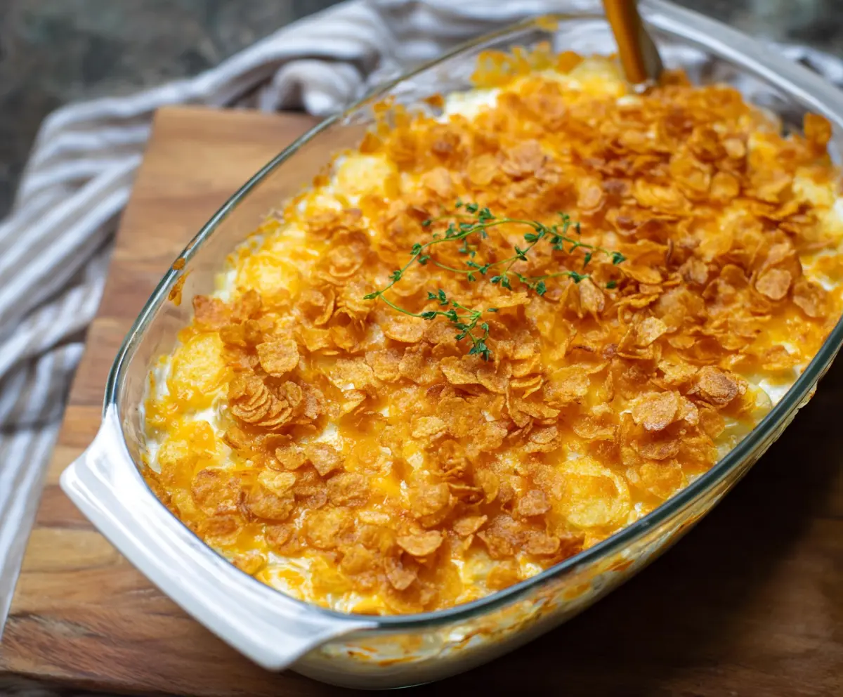 Delicious cheesy potatoes topped with crispy corn flakes served on a white plate.