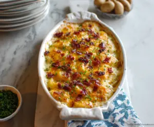 Delicious Cheesy Ranch Potato Casserole topped with melted cheese and fresh herbs.