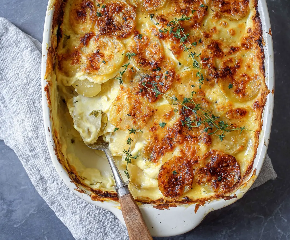 Delicious cheesy scalloped potatoes bake with golden melted cheese and crispy edges.