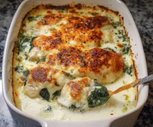 Delicious chicken and spinach casserole baked with creamy cheese for a hearty dinner.