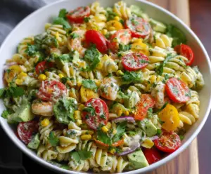 Fresh cilantro lime pasta salad in a bowl with vibrant vegetables and herbs.