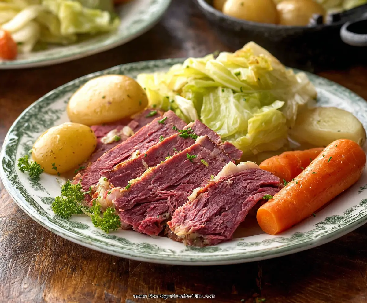 Delicious homemade corned beef and cabbage served on a plate with traditional garnishes