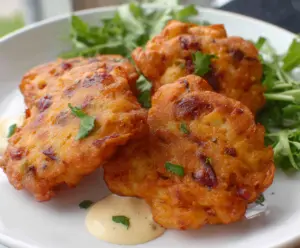 Golden crispy Corned Beef Fritters served with fresh herbs on a rustic plate.