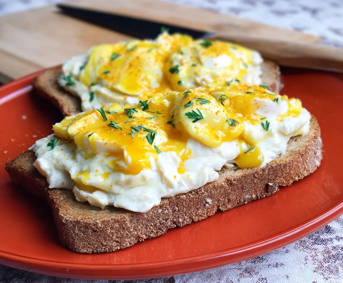 Creamed eggs on toast breakfast dish, creamy eggs served on crispy toast, delicious and easy breakfast idea