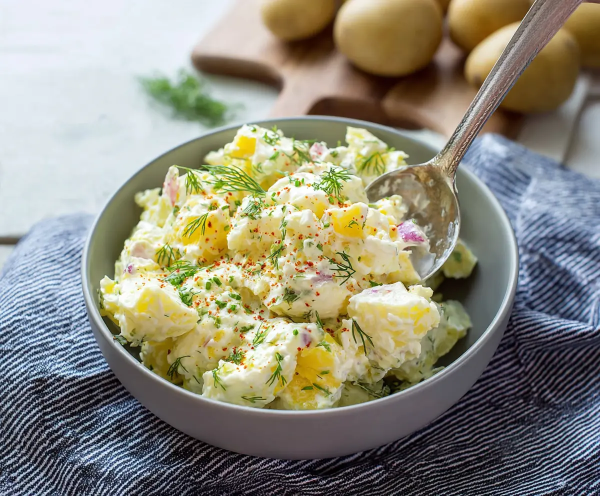 Creamy potato salad served in a bowl with fresh herbs for a refreshing side dish.