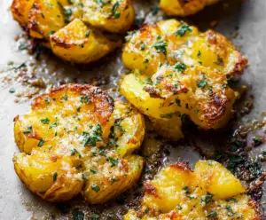 Golden crispy garlic butter parmesan smashed potatoes served as a flavorful side dish.
