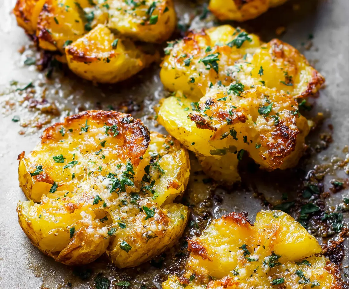 Golden crispy garlic butter parmesan smashed potatoes served as a flavorful side dish.