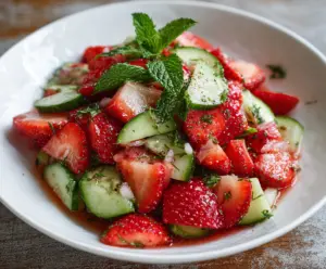 Fresh cucumber and sweet strawberry salad served in a bowl, perfect for a light and healthy meal