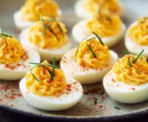 Creamy deviled eggs garnished with paprika and fresh herbs on a white plate.