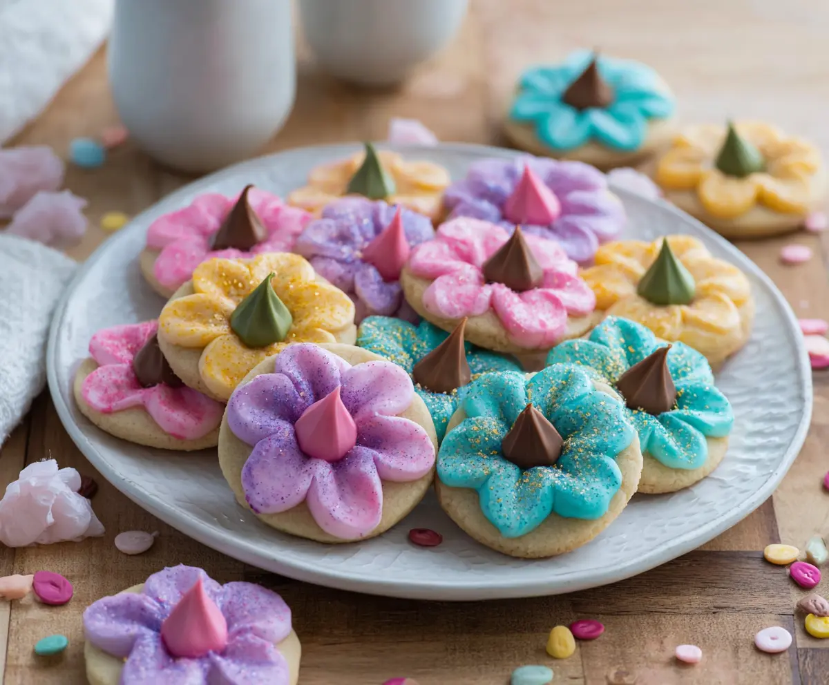 Decorative Easter Blossom Cookies with pastel icing and colorful sprinkles for festive celebration.