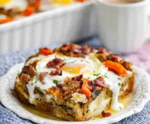 Delicious Easter Breakfast Bake with eggs, cheese, and herbs in a baking dish