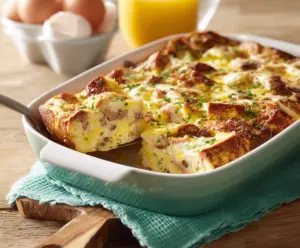 Easter Breakfast Casserole with eggs, cheese, and vegetables in a baking dish