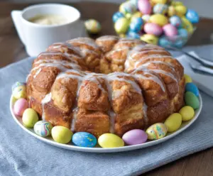 Delicious Easter Brunch Monkey Bread with golden crust and sticky sweet glaze.