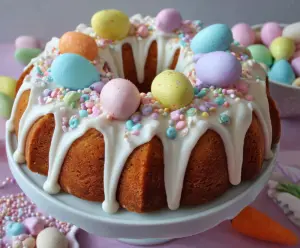 Delicious Easter Bundt Cake decorated with colorful spring icing and sprinkles.