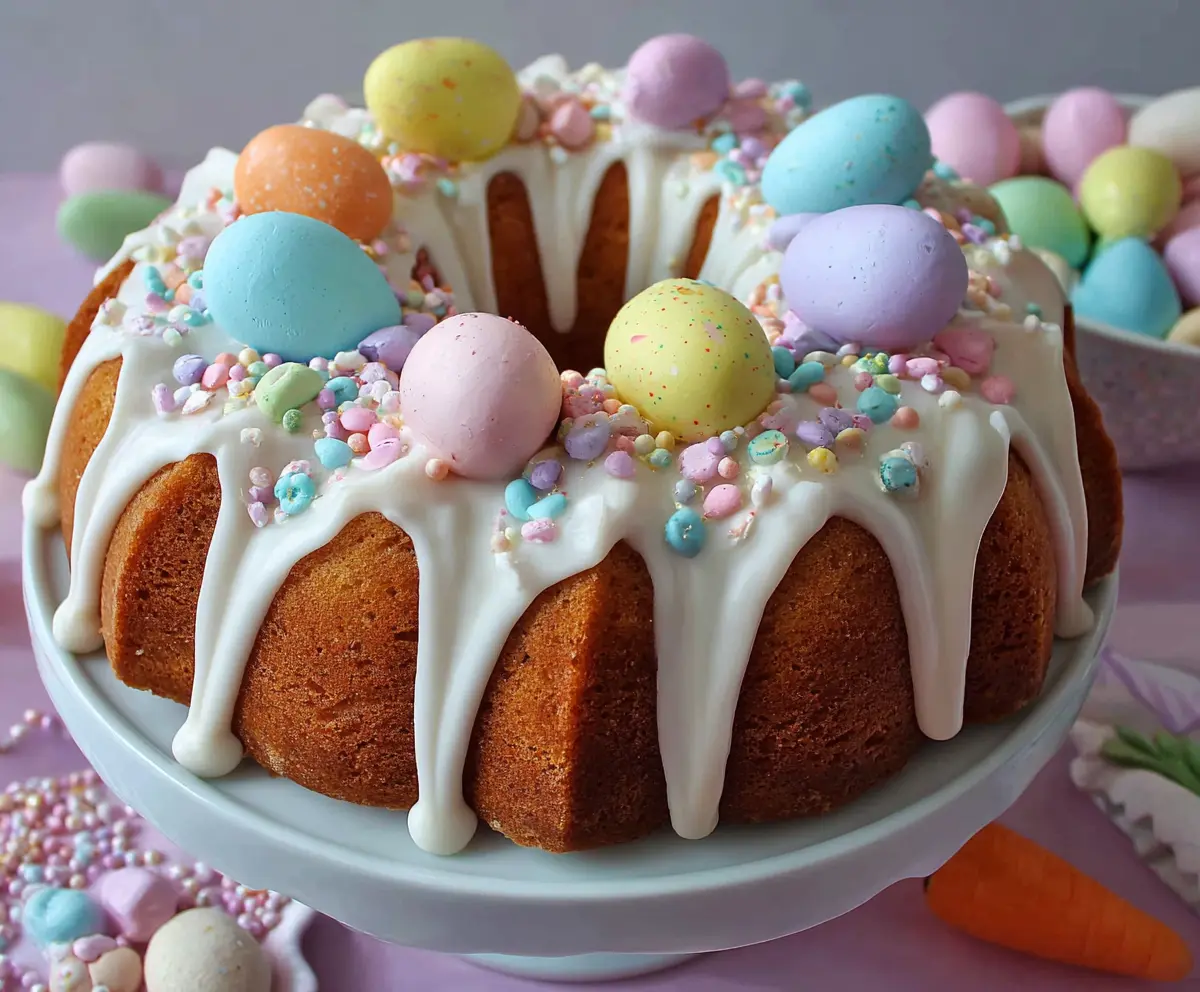 Delicious Easter Bundt Cake decorated with colorful spring icing and sprinkles.