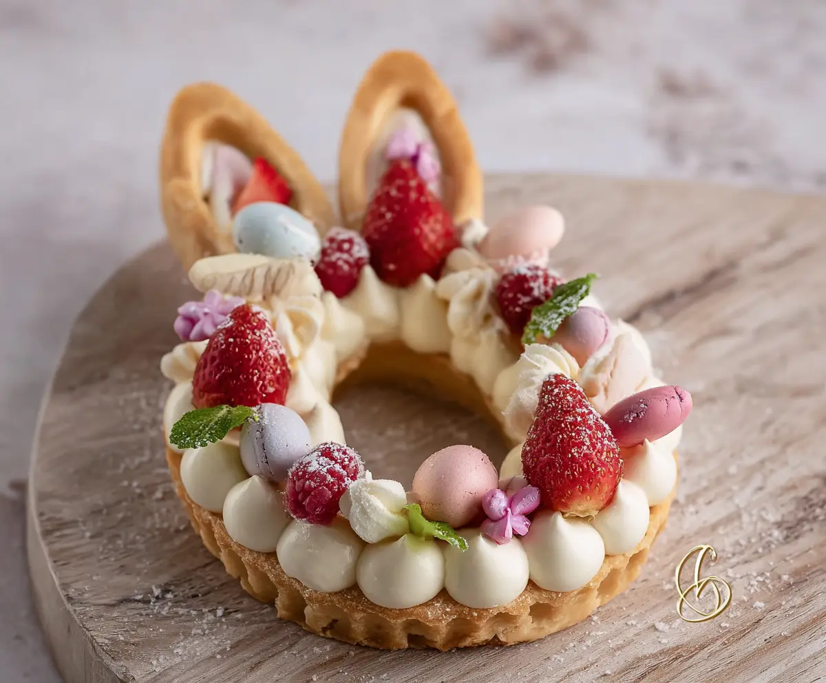 Delicious Easter Bunny Cream Tart with festive decorations and creamy filling, perfect for Easter celebrations.