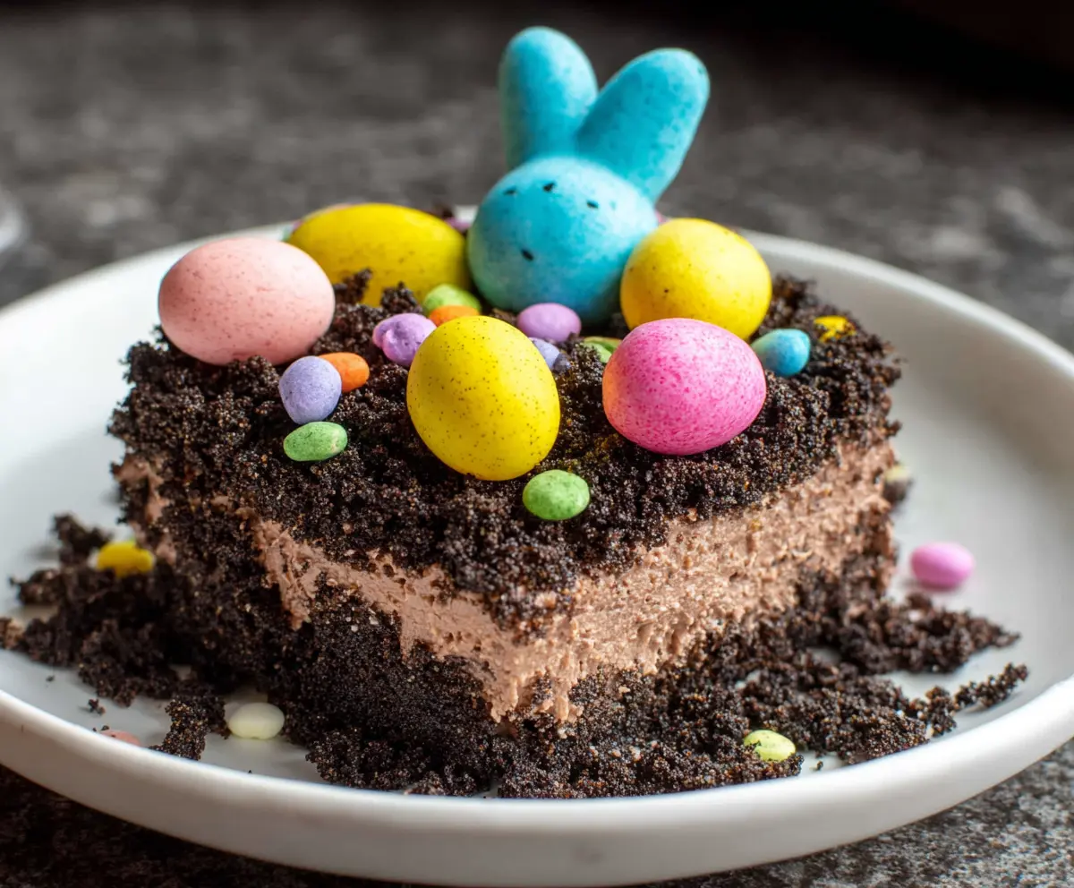 Easter Dirt Cake with chocolate crumbs, gummy worms, and colorful sprinkles in a festive serving dish