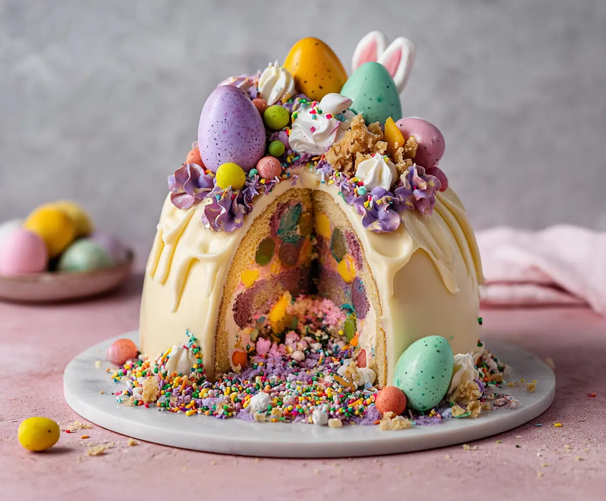Delicious Epic Easter Egg Smash Cake with colorful frosting and Easter decorations