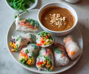 Fresh Vietnamese spring rolls filled with vegetables and herbs with a side of creamy peanut sauce.