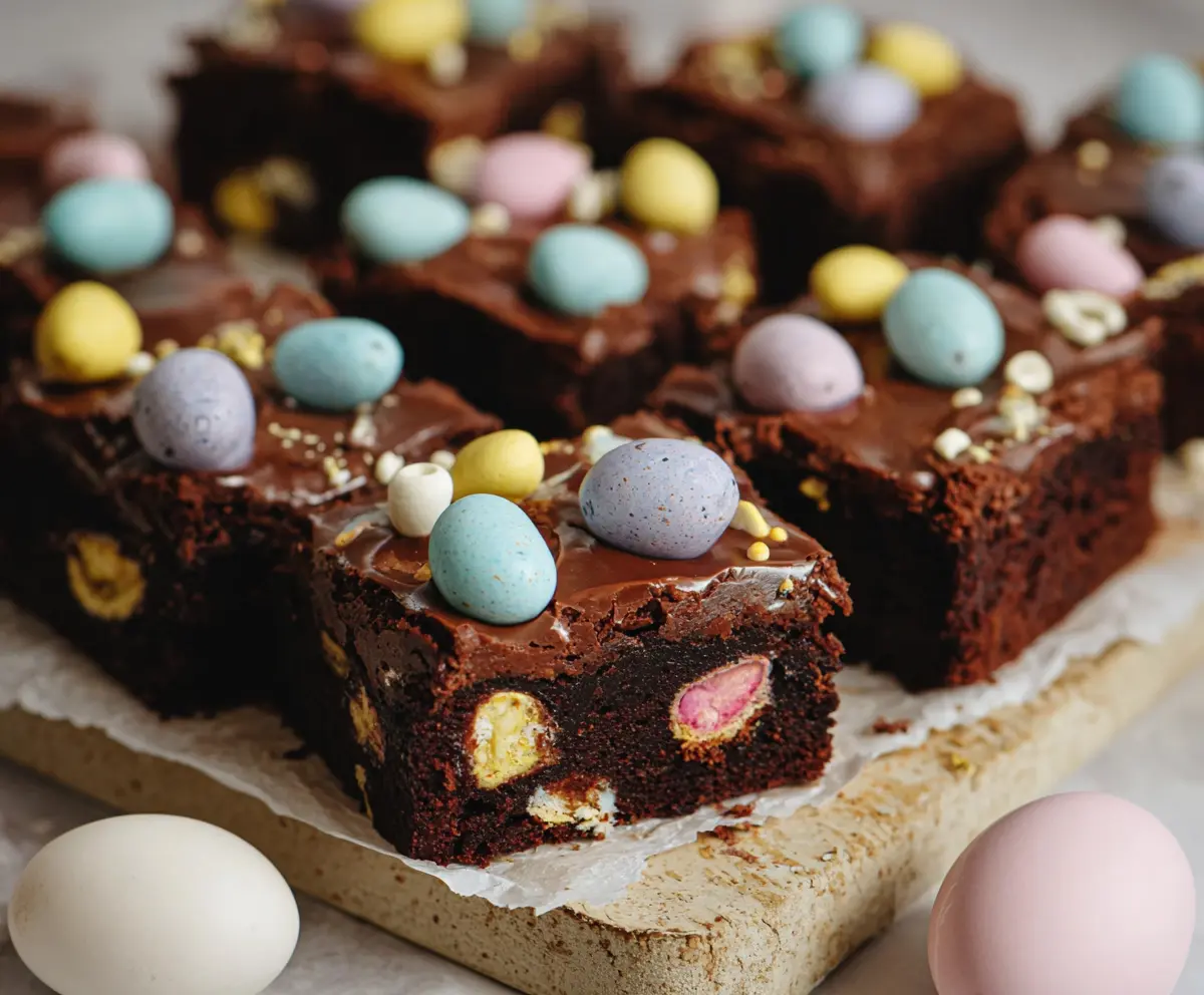 Delicious Frosted Mini Egg Easter Brownies garnished with colorful mini eggs and a chocolate glaze.