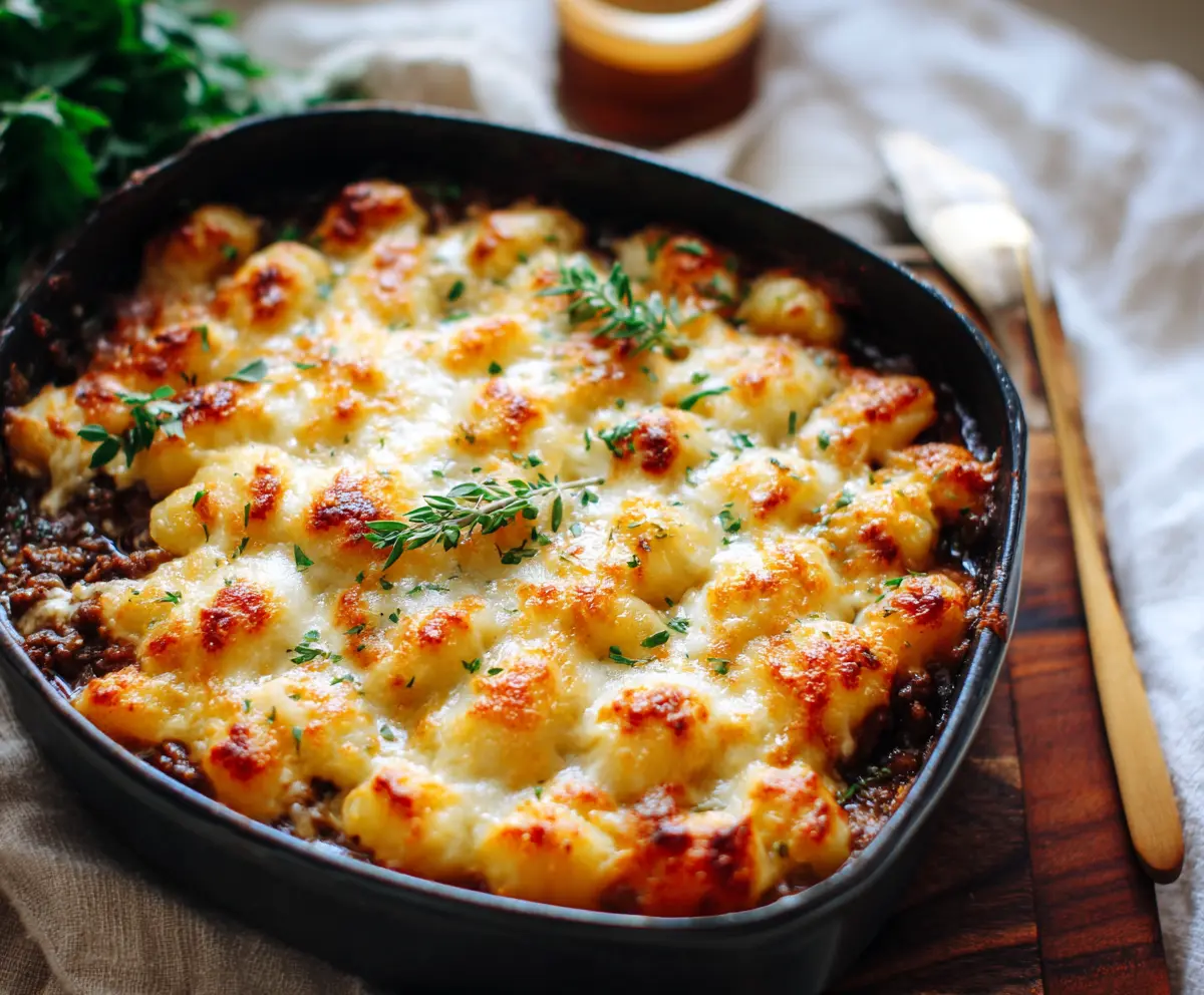 Delicious Gnocchi Shepherd's Pie with melted cheese and savory beef filling