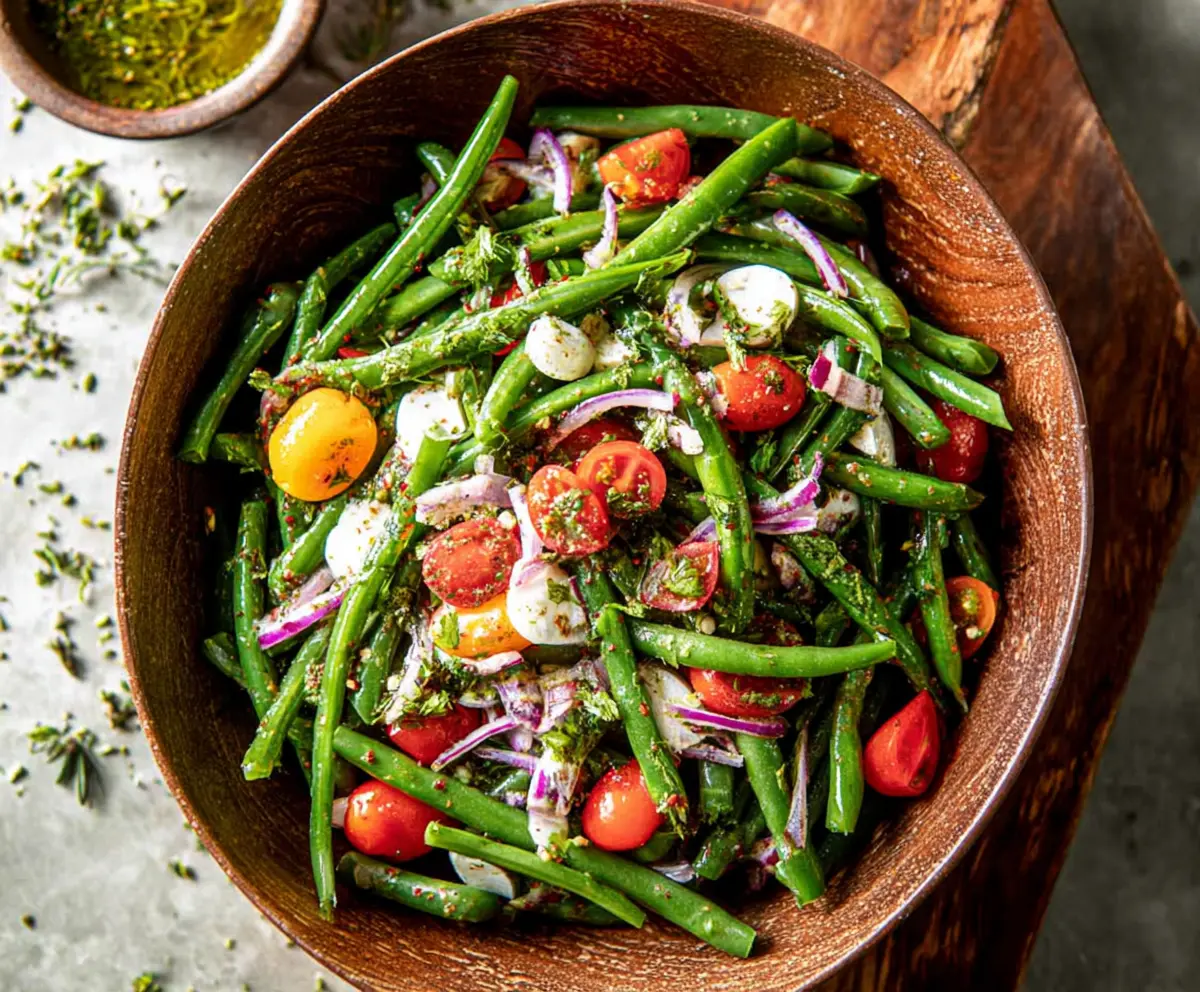 Fresh green bean salad with cherry tomatoes and feta cheese in a vibrant bowl