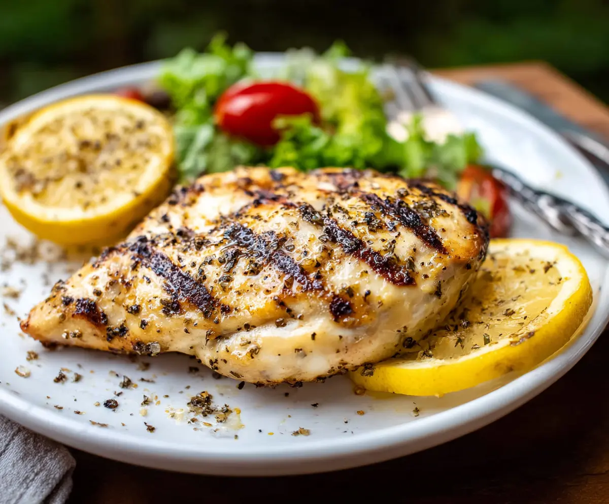 Juicy grilled lemon pepper chicken breast served with fresh herbs and lemon slices.