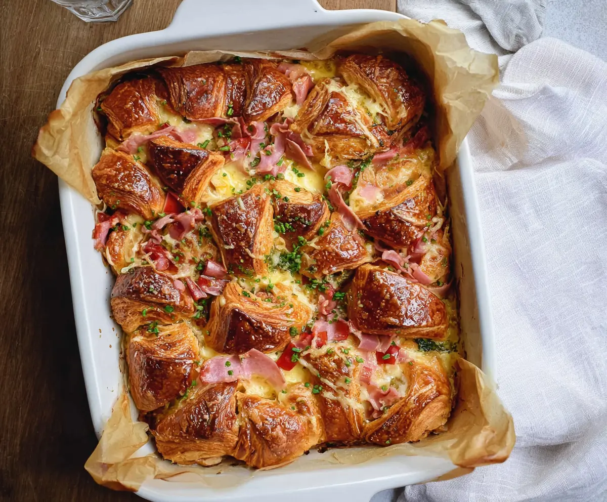 Delicious ham and cheese croissant brunch bake served hot with golden crust.
