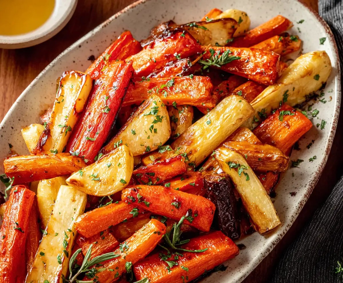Delicious honey garlic roasted carrots and parsnips served on a white plate with fresh herbs