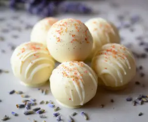 Delicious honey lavender white chocolate truffles garnished with lavender flowers on a elegant white plate.