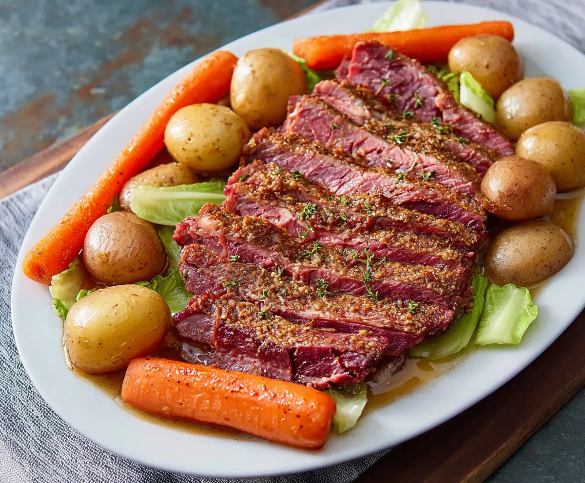 Cooked instant pot corned beef brisket with tender texture served with vegetables
