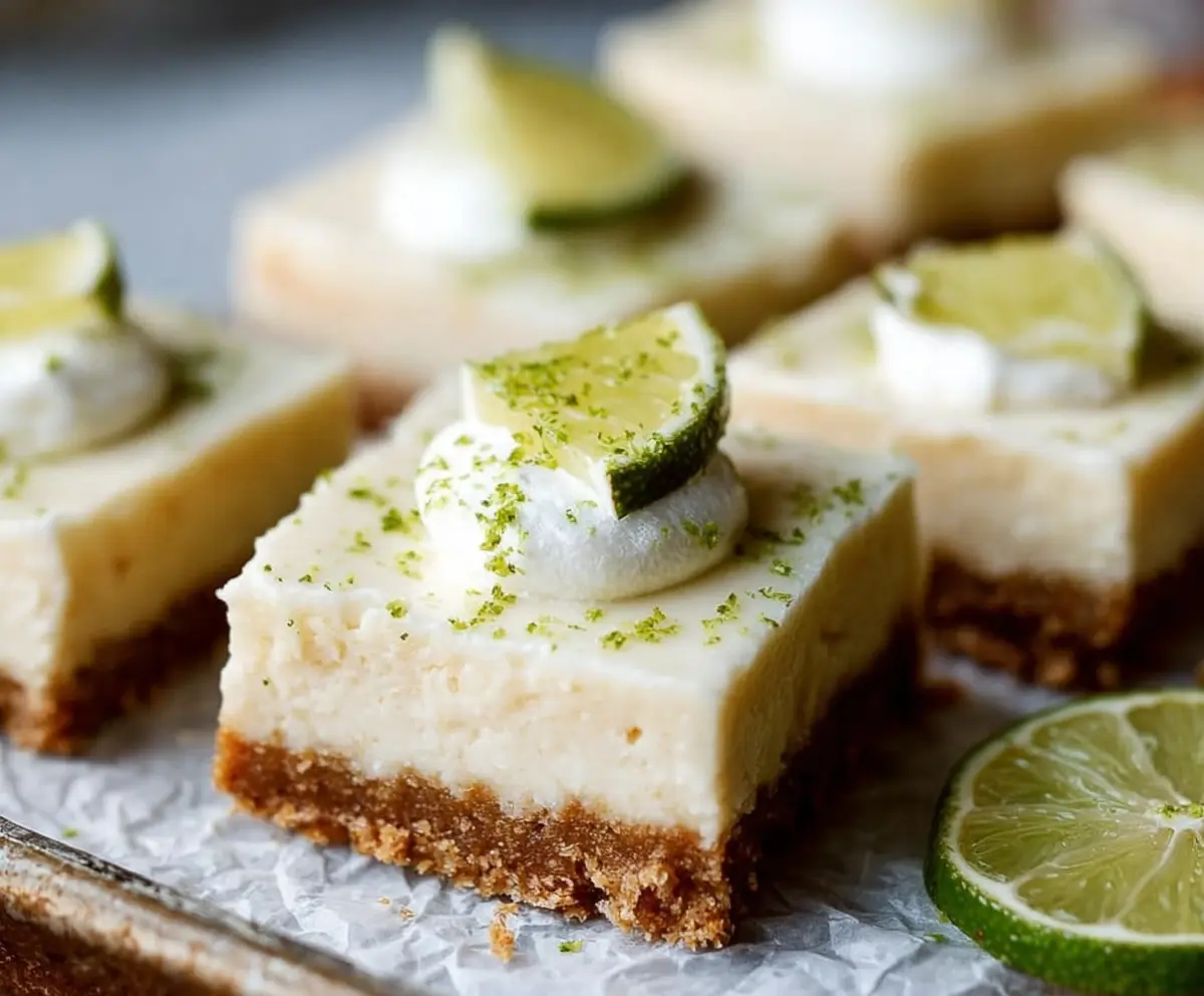 Delicious Key Lime Pie Bars topped with fresh lime slices and a graham cracker crust.