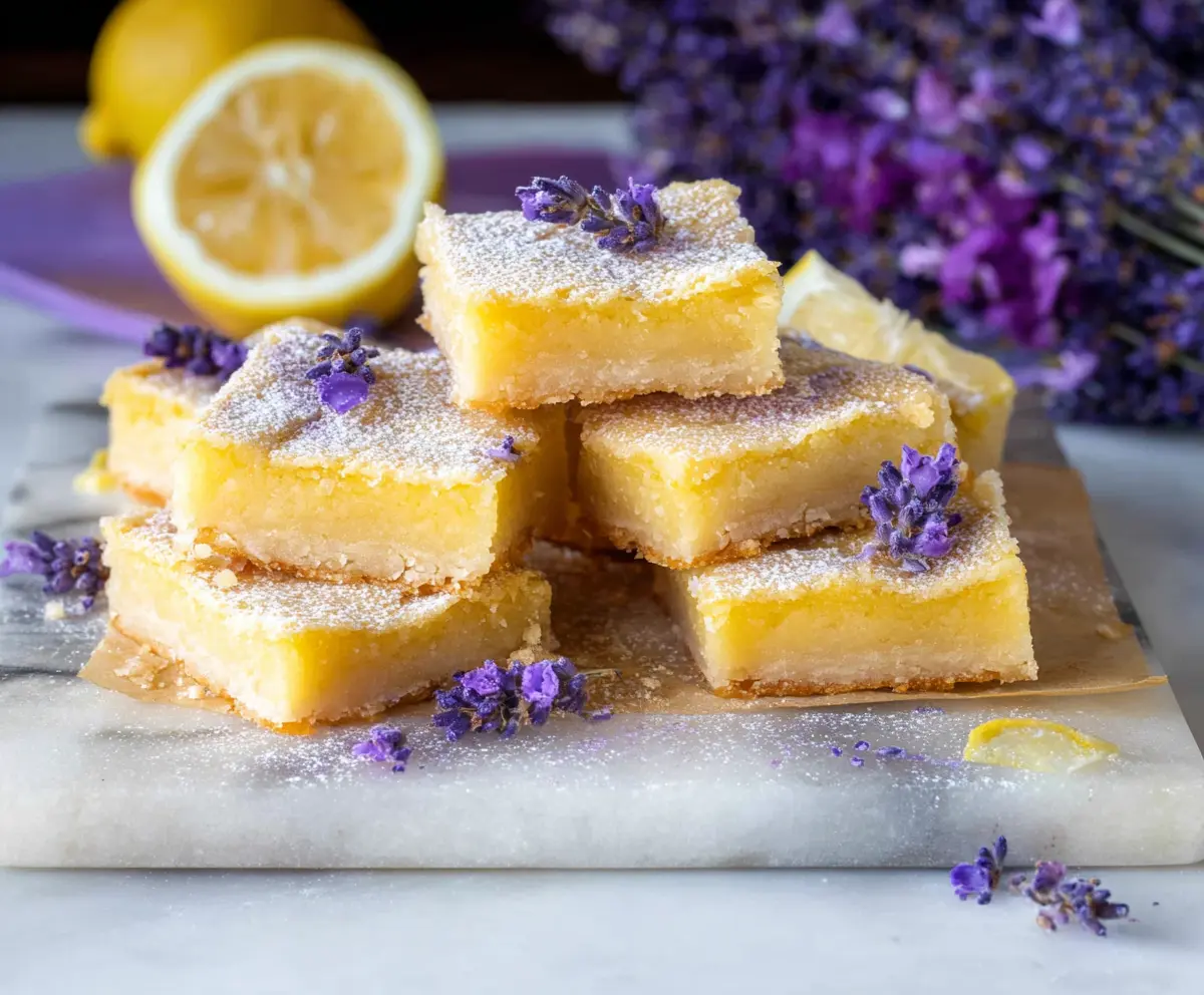 Delicious lavender lemon bars on a plate with fresh lemons and lavender sprigs
