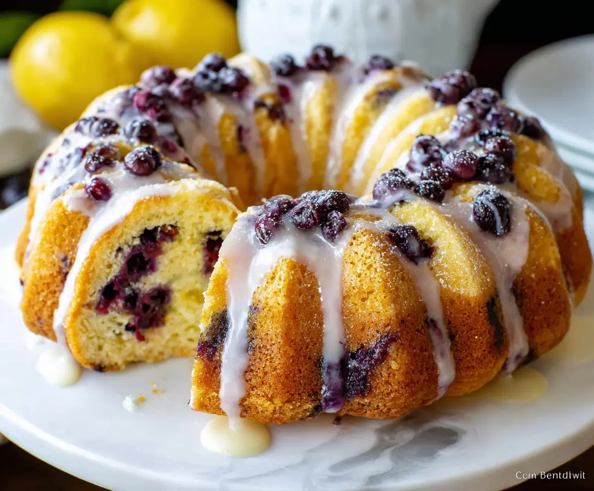 Delicious Lemon Blueberry Bundt Cake with fresh blueberries and lemon glaze on a decorative plate.