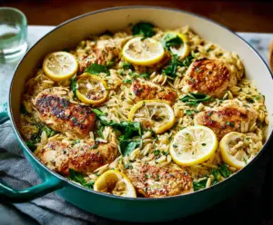 Delicious Lemon Chicken served with Orzo pasta on a white plate, garnished with fresh herbs.