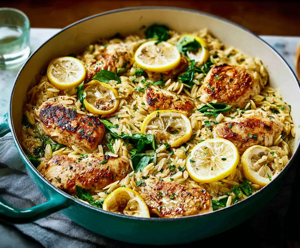 Delicious Lemon Chicken served with Orzo pasta on a white plate, garnished with fresh herbs.