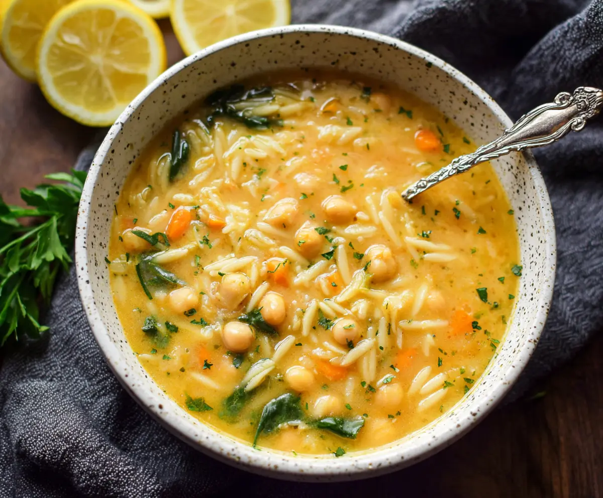 Warm Lemon Chickpea Orzo Soup in a bowl with fresh lemon slices and herbs
