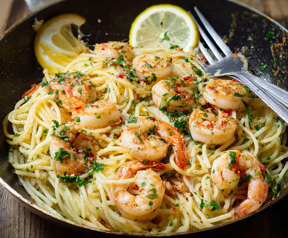 Delicious Lemon Garlic Shrimp Pasta with fresh herbs and vibrant lemon slices on a plate.
