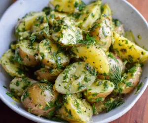 Fresh lemon herb potato salad with chopped herbs and lemon wedges for a flavorful side dish.