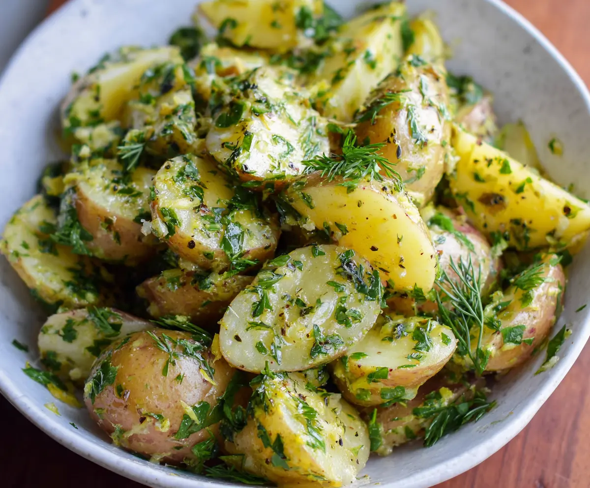 Fresh lemon herb potato salad with chopped herbs and lemon wedges for a flavorful side dish.