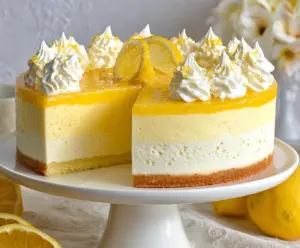 Delicious Lemon Mousse Cake with a light lemon glaze and fresh lemon slices on top.