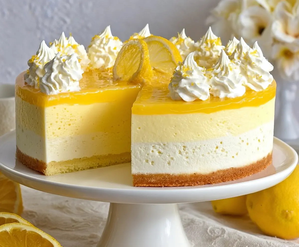 Delicious Lemon Mousse Cake with a light lemon glaze and fresh lemon slices on top.