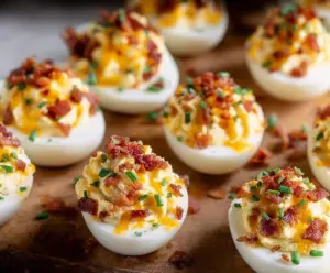 Loaded Deviled Eggs topped with bacon, chives, and cheese, perfect for a savory appetizer.