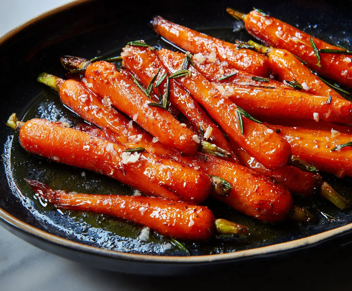 Delicious maple glazed carrots garnished with fresh herbs on a white plate
