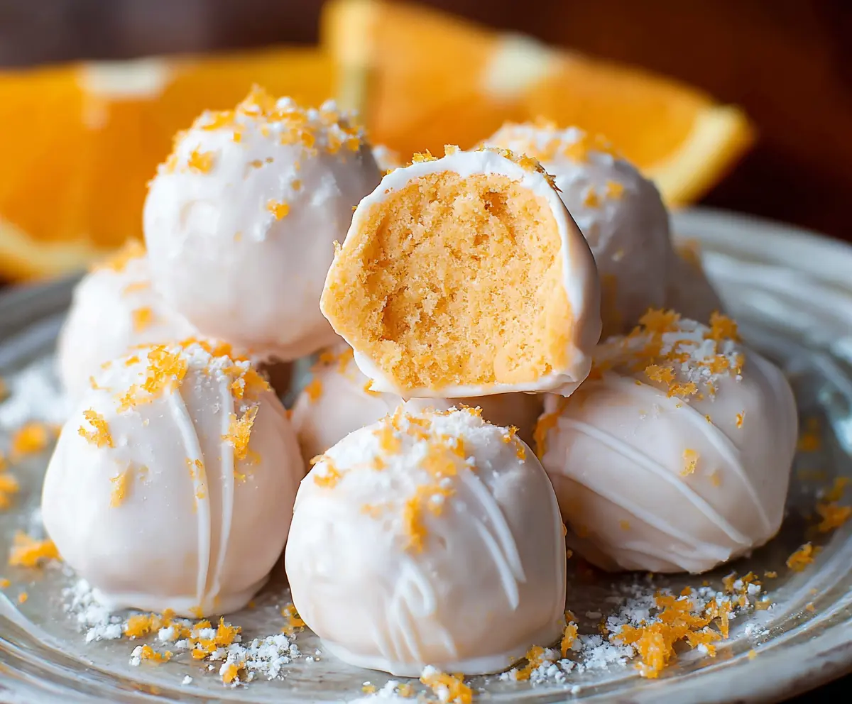 Delicious Orange Creamsicle Truffles with bright orange coating and creamy white filling on a decorative plate.