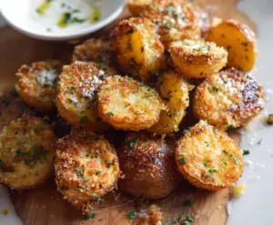 Golden Parmesan crusted baby potatoes served as a delicious side dish.