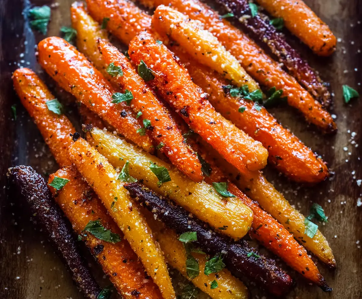 Delicious Parmesan Garlic Roasted Carrots served on a plate with herbs
