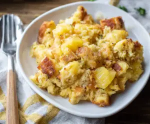 Delicious pineapple stuffing with fresh pineapple pieces and herbs for a tropical holiday dish